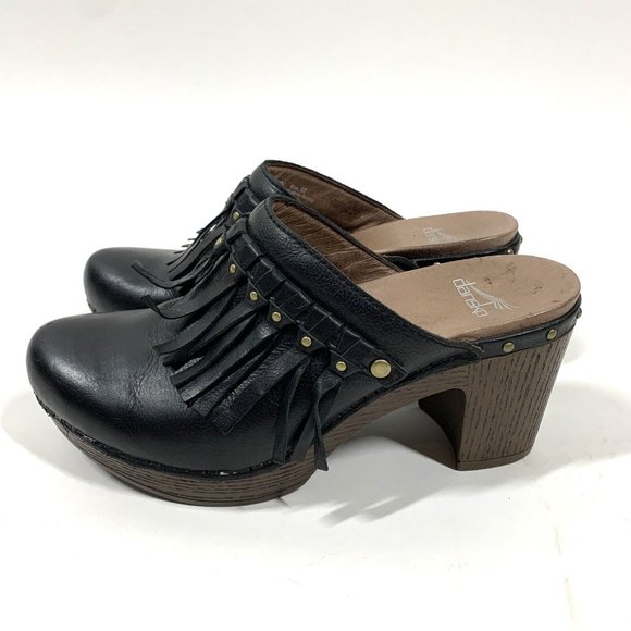 Dansko Deni Black Leather Fringe Heel Clog Mules Sz EU 37 US 6.5-7 - Picture 5 of 10
